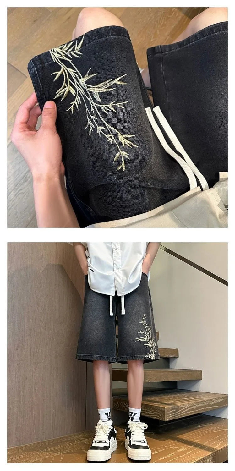 STORESDE Men's 2026 Summer Retro Washed New Chinese Style Embroidered Denim Shorts Thin Loose Plus Size Streetwear 5-Pocket Capri Pants