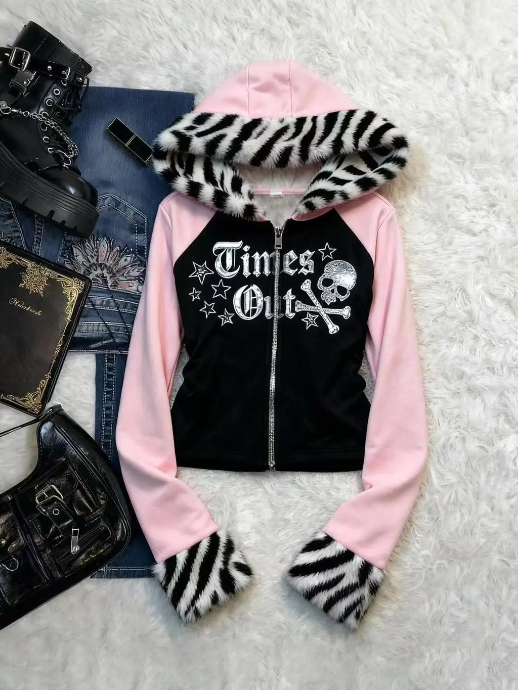 STORESDE Retro Y2K American Spice Girl Coat Leopard Print Powder Black Contrast Stitching Skull Letter printed Hooded Sweater