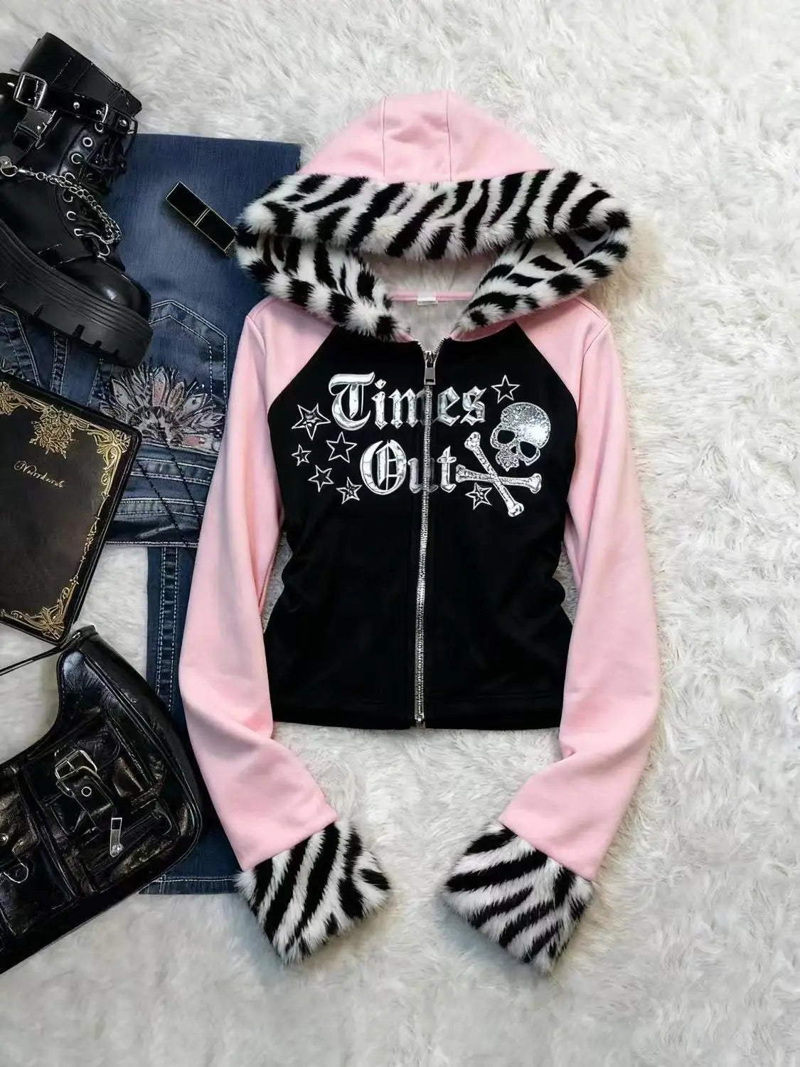 STORESDE Retro Y2K American Spice Girl Coat Leopard Print Powder Black Contrast Stitching Skull Letter printed Hooded Sweater