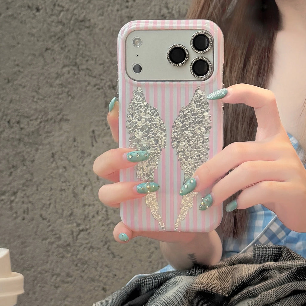 STORESDE Korean Cute Pink White Stripe Wings Phone Case For iPhone 17 Pro 16 15 Pro Max 17pro 16pro Fashion Shockproof Cover For Girls