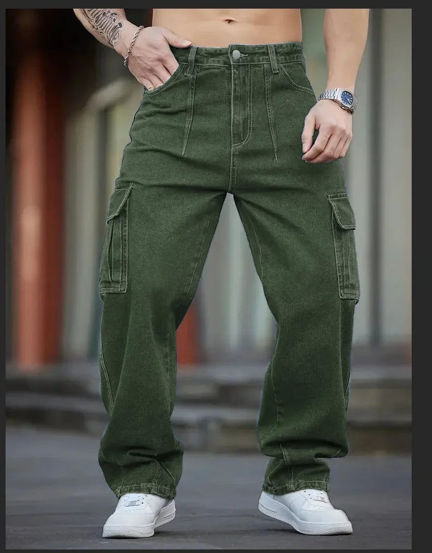STORESDE Men's Deep Blue Washed Denim Workwear Jeans Casual Multiple Pockets Design Loose Wide Leg Trousers Y2K Style Cargo Pants