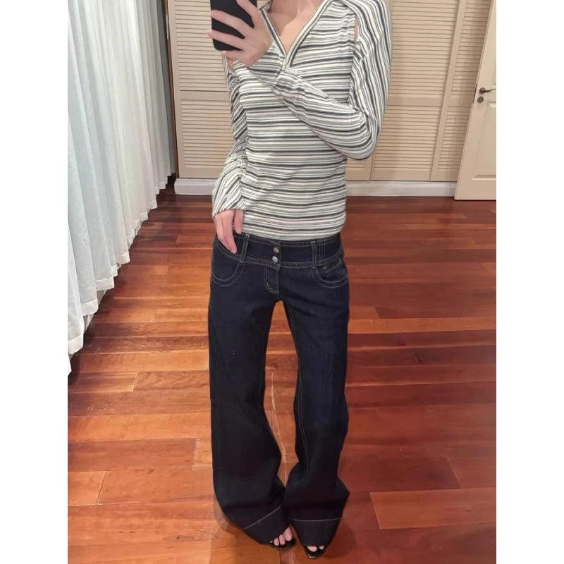 STORESDE Women's American Blue Button Design Jeans Low Waist Straight Leg Loose Wide Leg Drapey Long Pants Y2K Style Slimming Denim