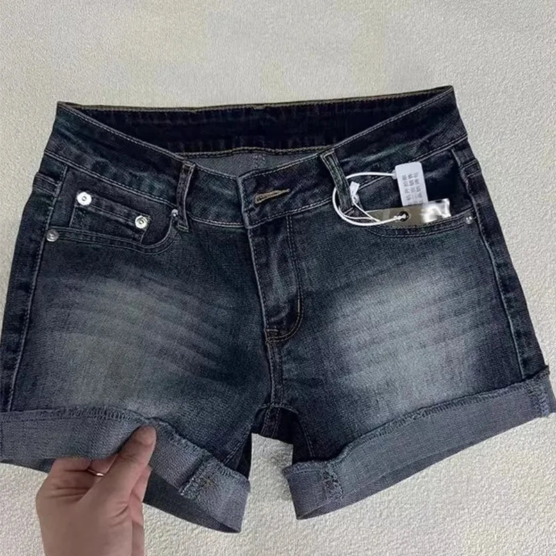 STORESDE Retro Roll Up Hem Deep Blue Denim Shorts Women Summer Sexy Low Rise Hip Covering Hot Pants American Distressed Washed Jean Short