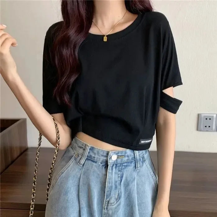 STORESDE New Style Sensible Design Short Sleeve Women's T-Shirt Summer Korean Trendy Niche Cropped High-Waisted Exposed Midsection Loose-
