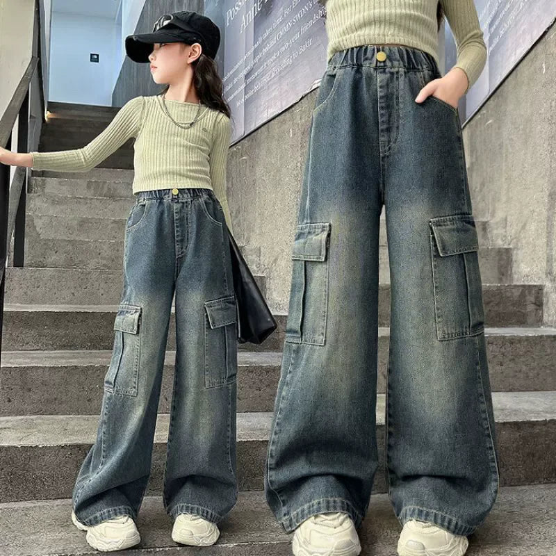 STORESDE Girls Cargo Jeans Kids Wide-legged Denim Pants Teenagers Fashion Streetwear Loose Trousers Children Casual Clothes 5-12Y