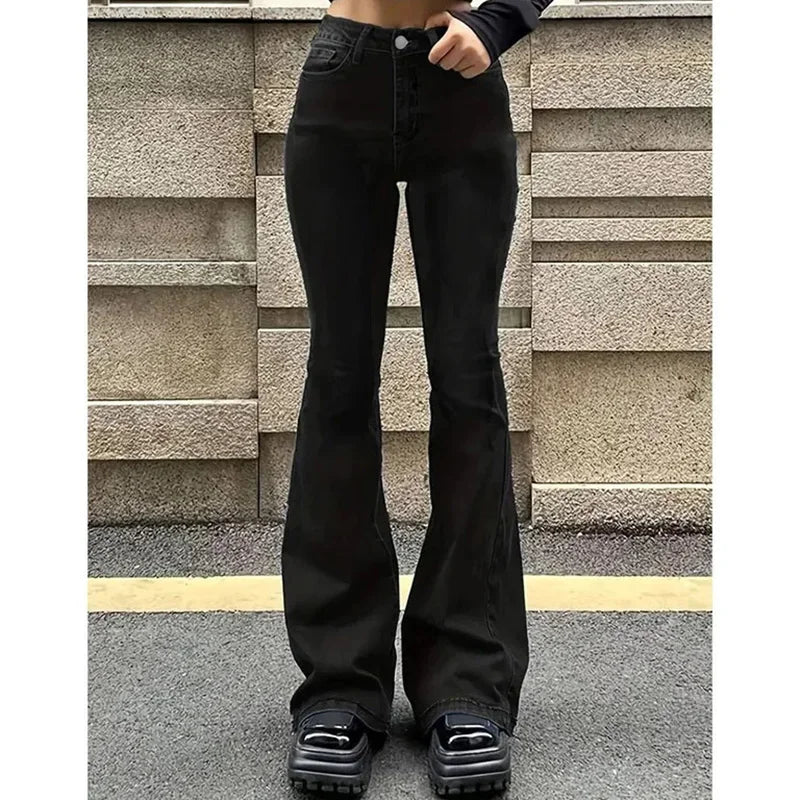 STORESDE 2025 Girls Concise Ins High Waist Flared Jeans Female Stretchy Bootcut Denim Pants Women Solid Color Thin Bell Bottoms Trousers