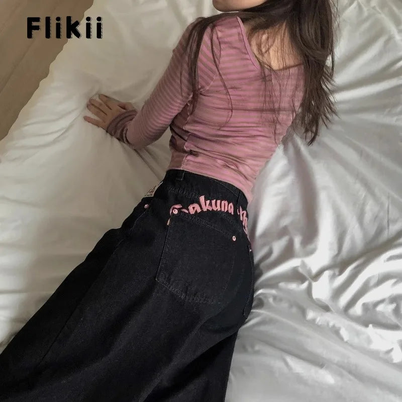 STORESDE Women's Sweet Casual Full Length Baggy Denim Trouser Retro Emo Harajuku Loose Jeans Letter Embroidery High Waist Y2K 2000s Pants
