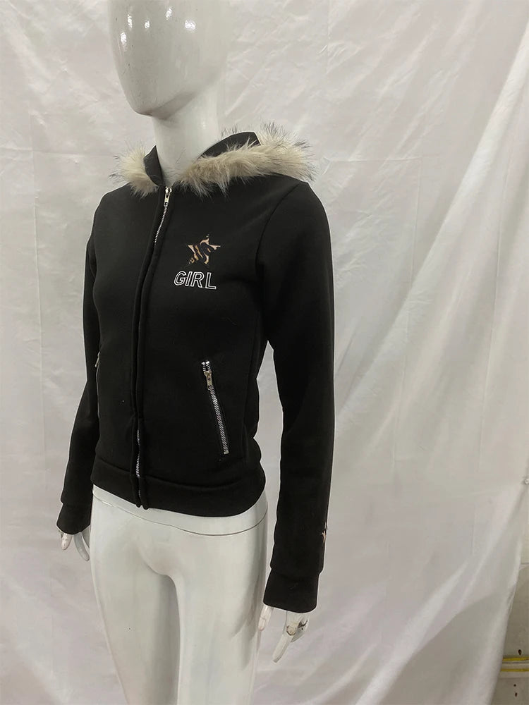 STORESDE Vintage American Retro White Letter Hoodie Women Winter Faux Fur Lined Zip Up Sweatshirt Cozy Pullover Streetwear 2026 new