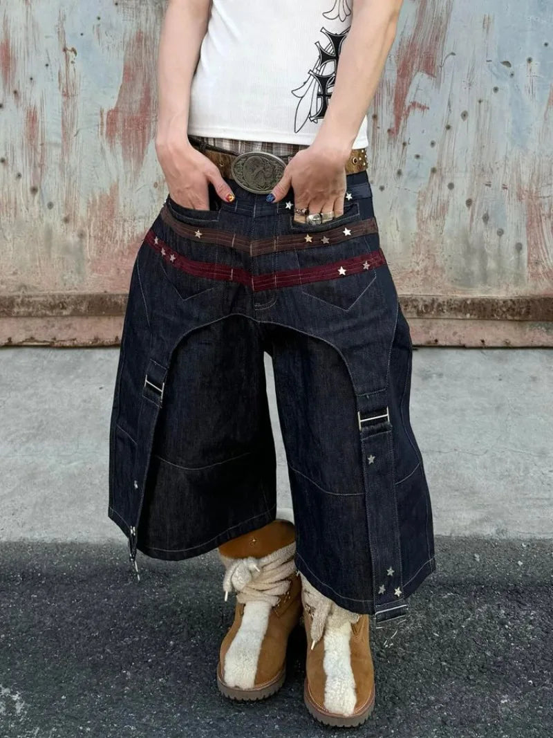 STORESDE Y2K Streetwear New Fashion Star Pattern Nail Denim Shorts Women Harajuku Vintage Hip Hop Spice Girls Splicing Cropped Pants