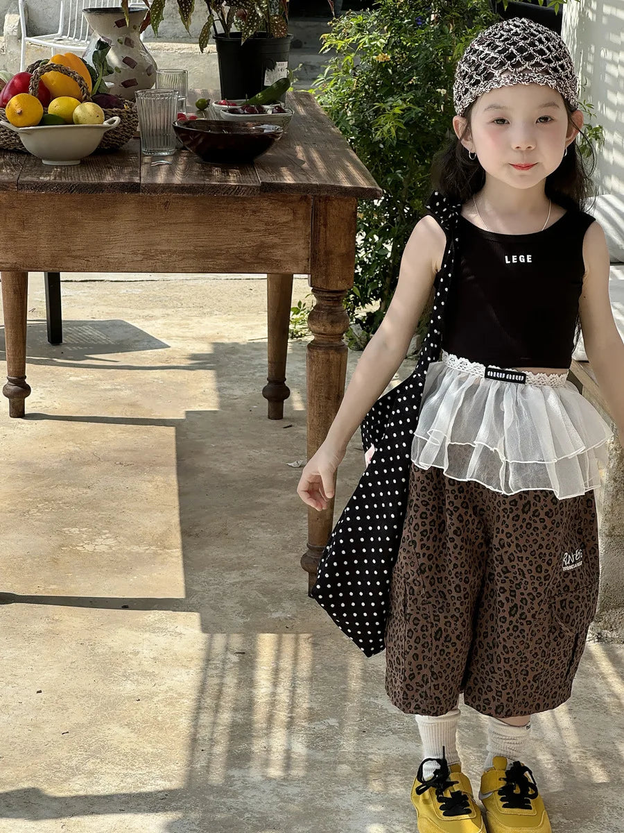 STORESDE Girl Pants 2025 Summer New Childrens Clothing Korean Style Girl Baby Retro Leopard Print Wide Leg Cargo Pants Casual Daily