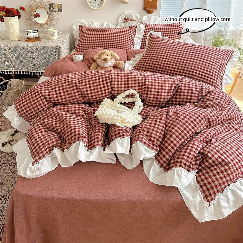 STORESDE 3pcs red,black plaid Duvet Cover Set (1*Duvet Cover + 2*Pillowcase, Without Core), Lace embroidery Bedding Set