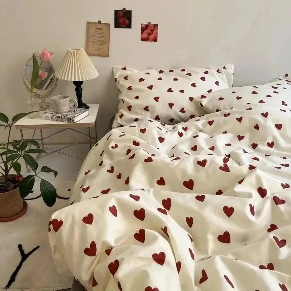 STORESDE Korean Style Bedding Set Kid Adult Twin Full Queen Size Bed Flat Sheet Set Pillowcase Bed Linen Love Heart Duvet Cover