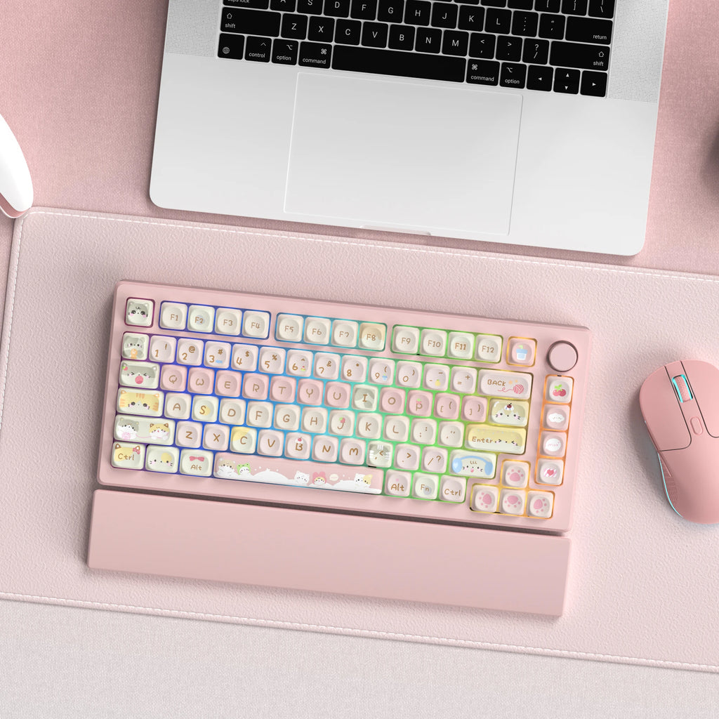 STORESDE Pink Cat Dye Sublimation PBT Keycaps 136 Keys MOA Profile Keyboard Keycaps for Cherry Gateron MX Switches Mechanical Keyboards