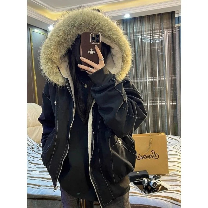STORESDE American Street Fur Collar Zipper Hooded Jacket Women Autumn Winter Retro New Velvet Thickened Warm Fashion Loose Casual Jacket