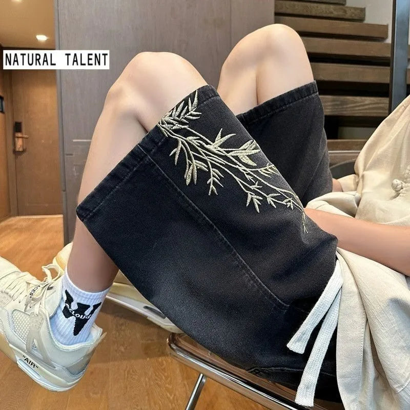 STORESDE Men's 2026 Summer Retro Washed New Chinese Style Embroidered Denim Shorts Thin Loose Plus Size Streetwear 5-Pocket Capri Pants