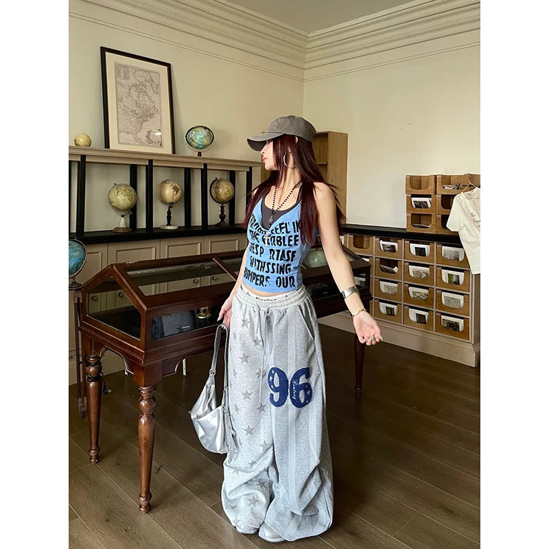 STORESDE YIBASHU Women Gray Star Stamp Baggy Wide Leg Sweatpants American Embroidery Pants Harajuku 2000s Style Vintage Y2k Dance Trouse