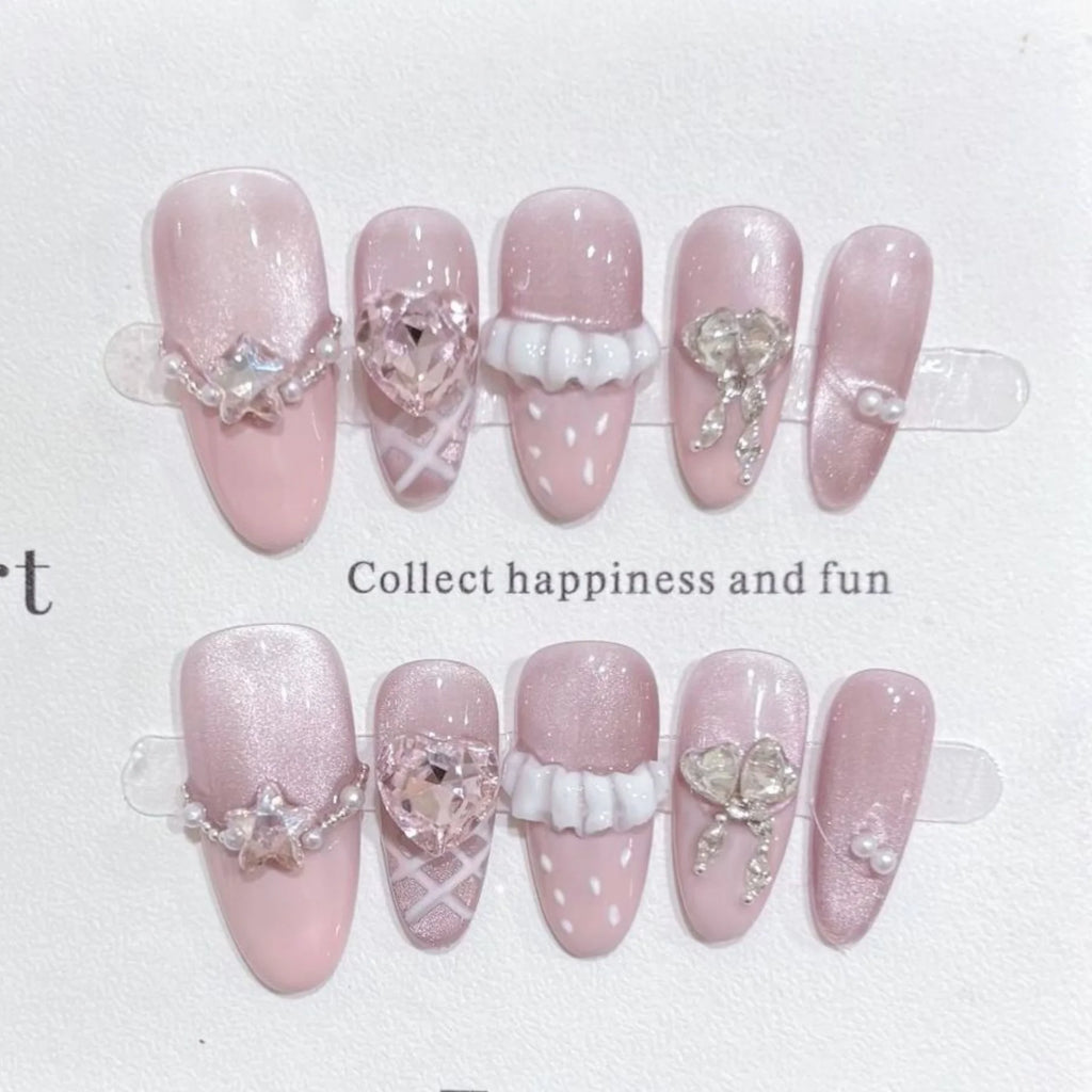 STORESDE 10pcs Purple Cat's Eye Handmade Fake Nails Tips Glitter Mid-length Oval Press on Nails Art Bow Rhinestone Design False Nail Sets