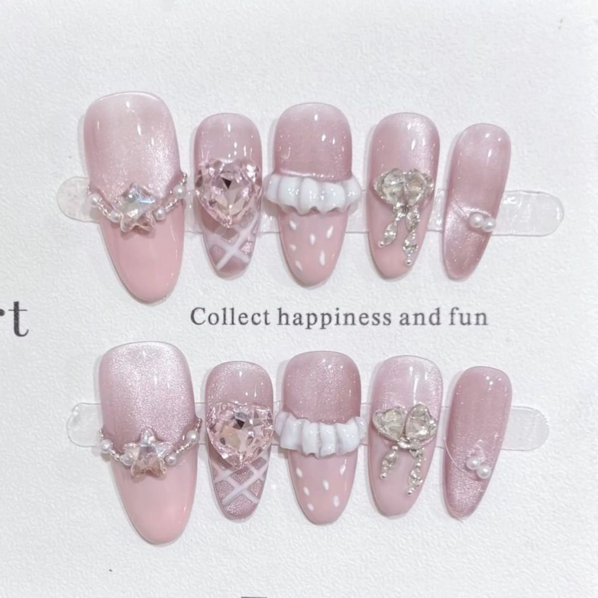 STORESDE 10pcs Purple Cat's Eye Handmade Fake Nails Tips Glitter Mid-length Oval Press on Nails Art Bow Rhinestone Design False Nail Sets
