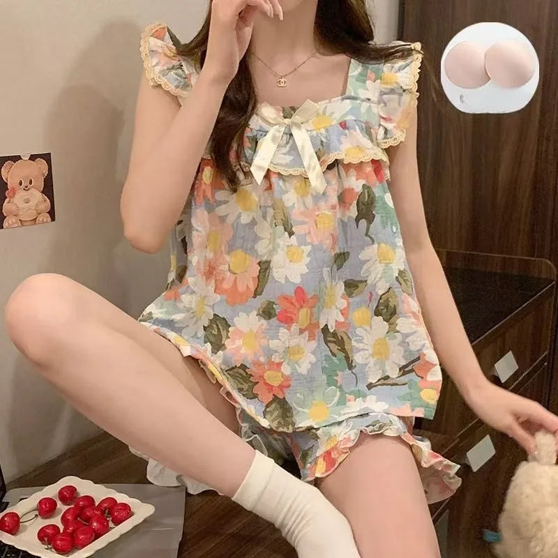 STORESDE Set Sexy Women Summer Pajamas Sleeveless Sleepwear Trousers Sets Short Sleeve Sleepwear Women's Pajama Sleeping Sleep Lounge