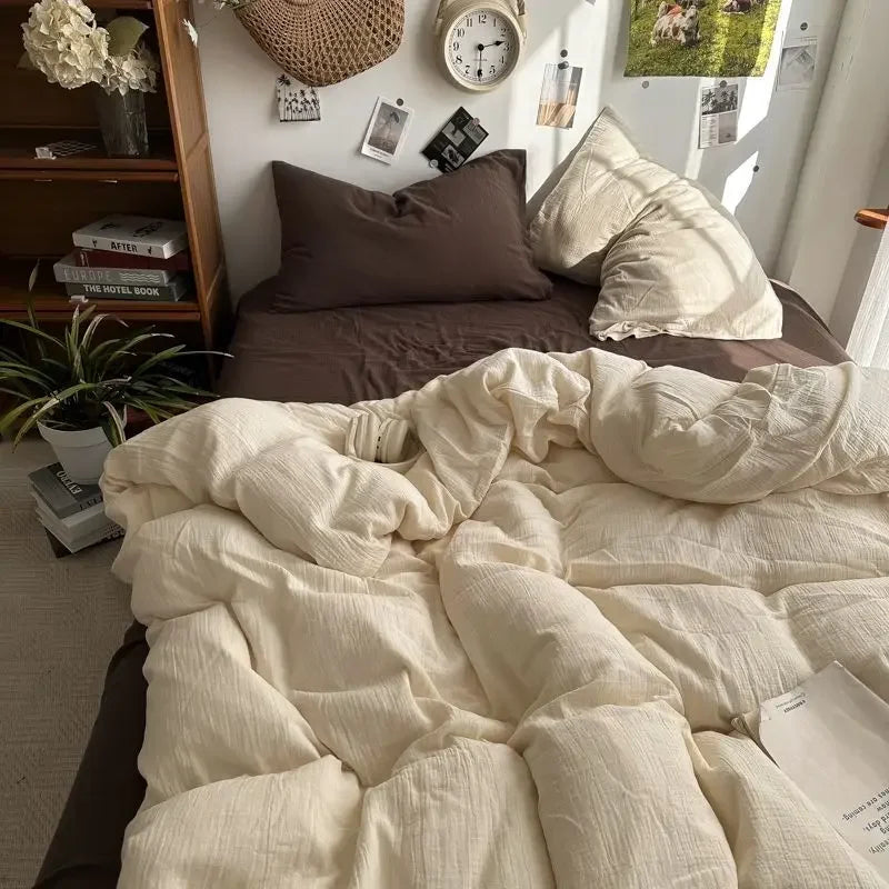STORESDE Bedding Set Ins Ambiance Blue Coffee Grid Mixed With Washed Cotton Minimalist Four Piece Set Fitted Sheets Duvet Cover