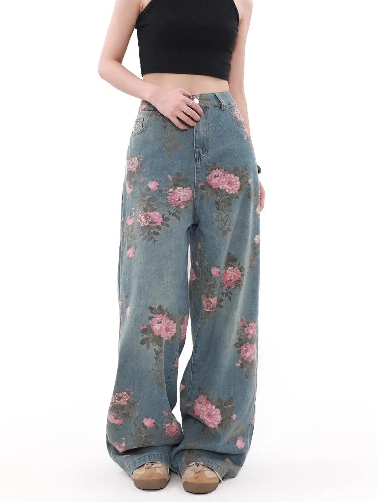 STORESDE 2025 Ropa Y2K Fashion Peach Blossom Printed Baggy Jeans Pants For Women Clothing Wide Leg Casual Lady Trousers Pantalon Femme