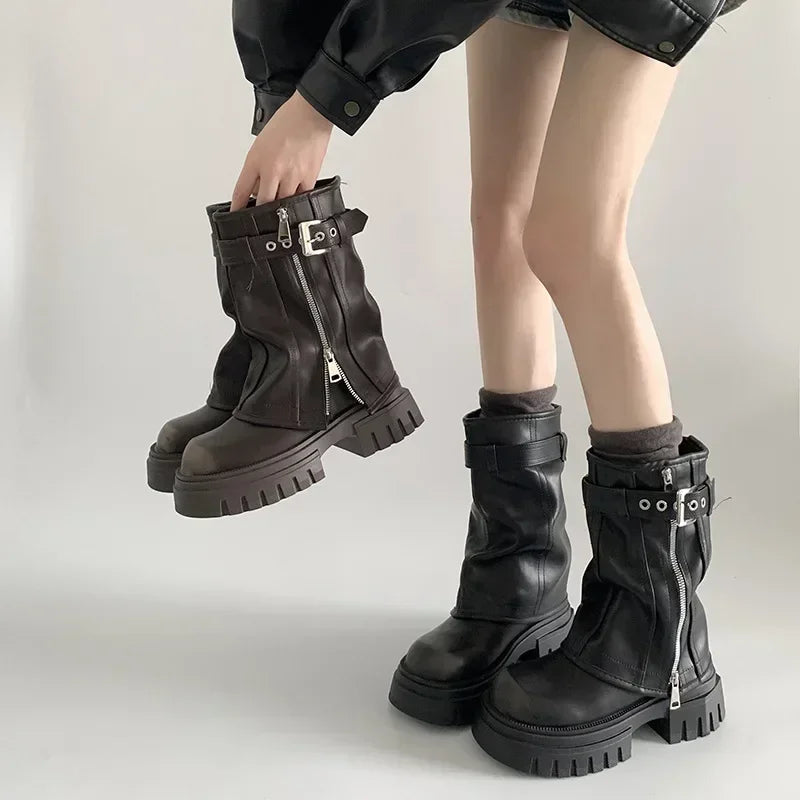STORESDE Winter Women Biker Boots Fashion Belt Buckle Ladies Elegant Platform Long Pipe Booties Casual Women's Knee High Booties2026