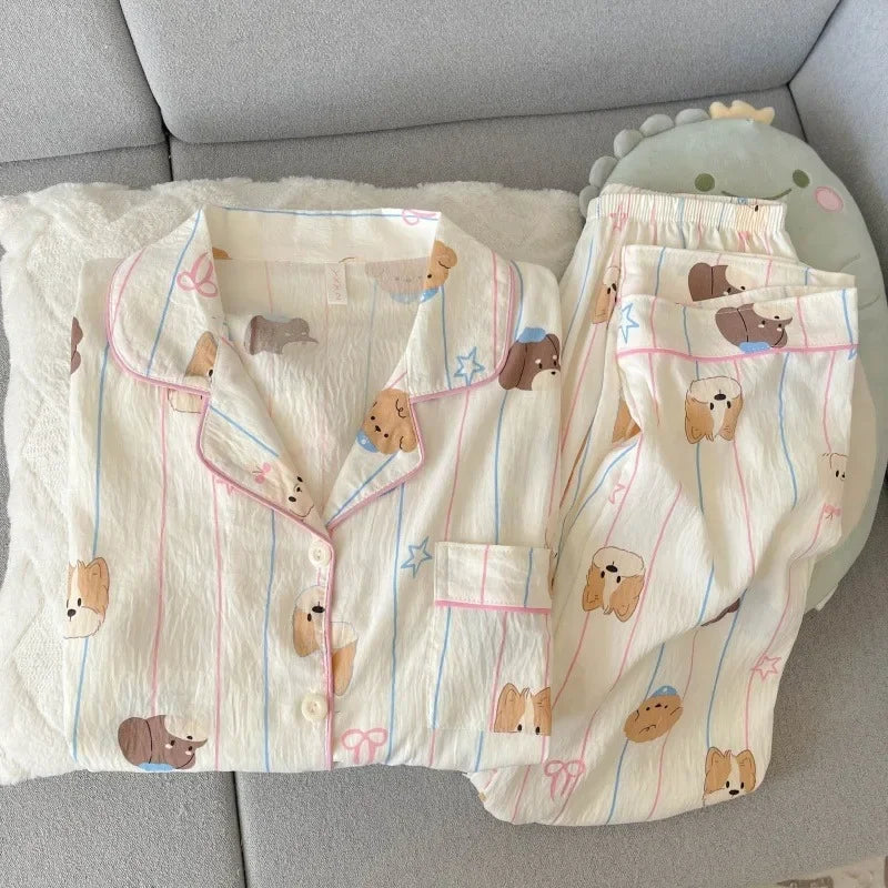 STORESDE Harajuku Style Kawaii Sweet Loungewear 2 PC Set Line Star Dog Print Cute Casual Women's Pajamas Autumn Long New Fashion Homewear