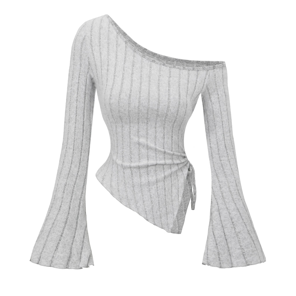 STORESDE women's New off shoulder cross long sleeved slim fit casual street style asymmetrical elegant T-shirt trumpet sleeve top