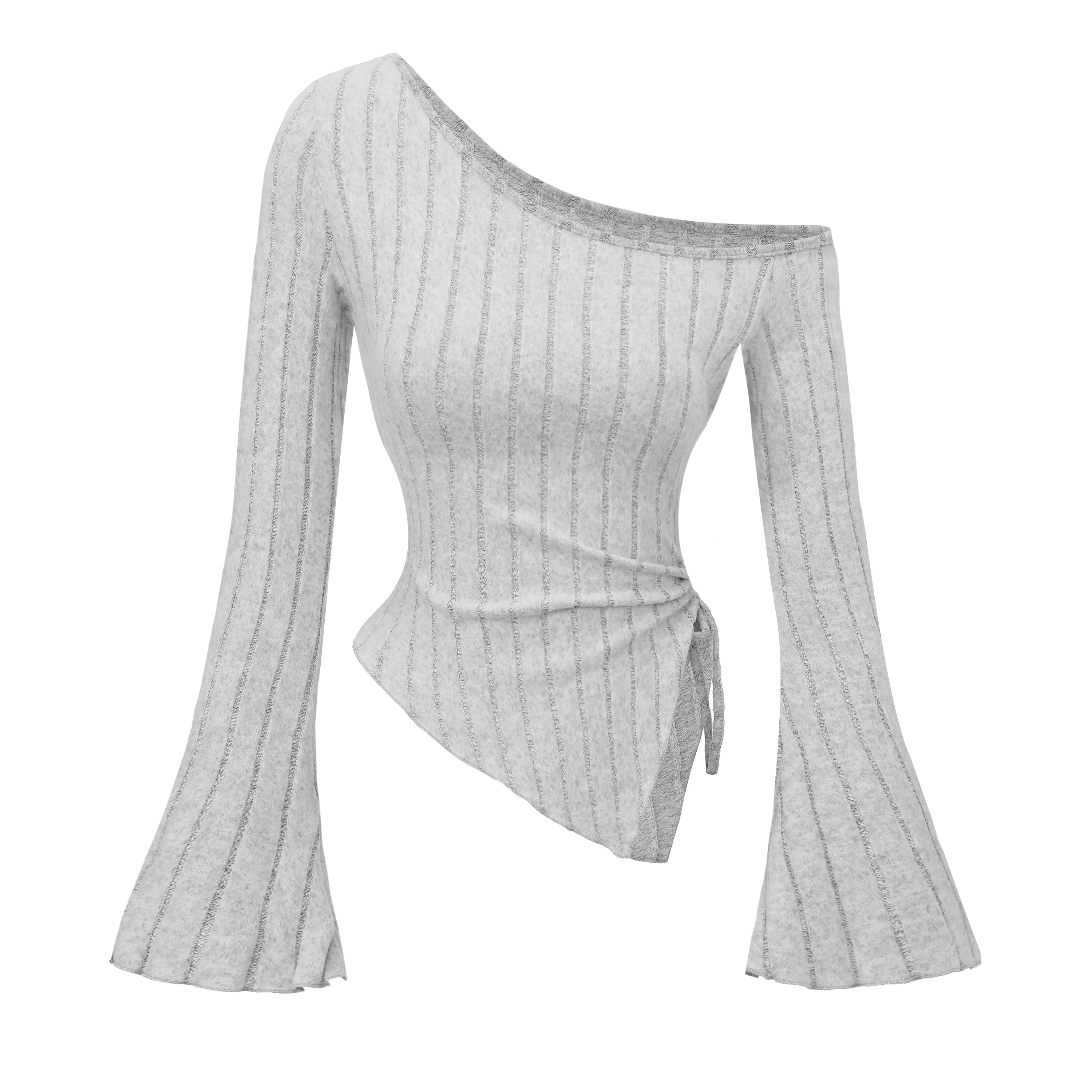 STORESDE women's New off shoulder cross long sleeved slim fit casual street style asymmetrical elegant T-shirt trumpet sleeve top