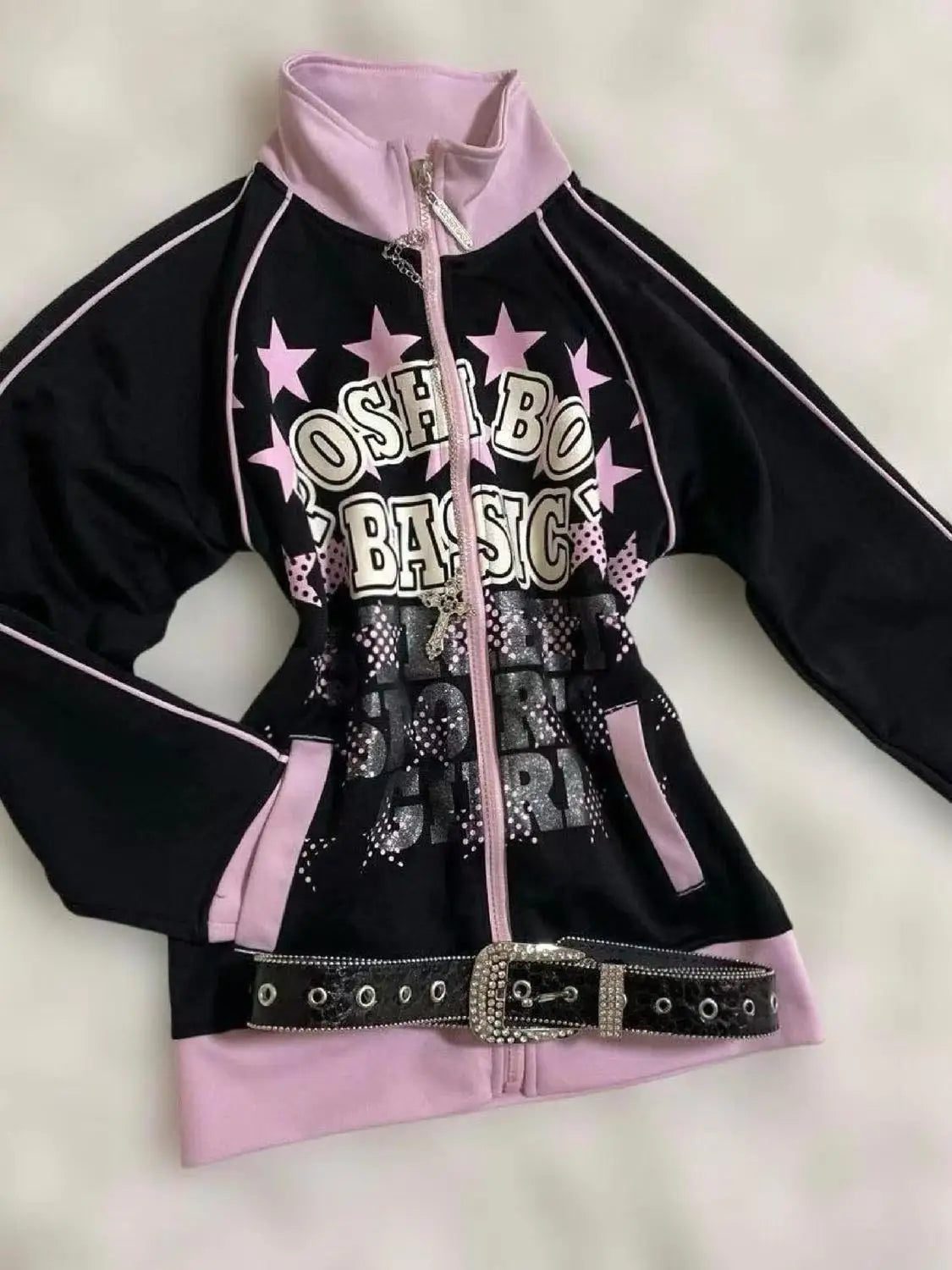 STORESDE Retro Y2K American Spice Girl Coat Leopard Print Powder Black Contrast Stitching Skull Letter printed Hooded Sweater