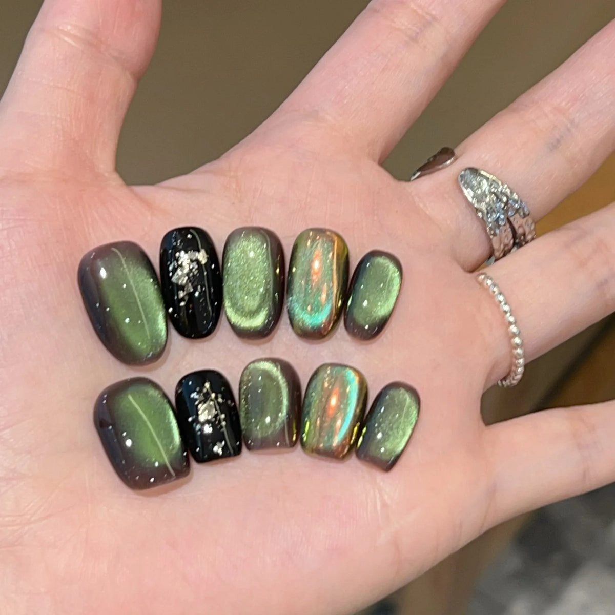 STORESDE 10pc Handmade Press on Nails Green Glass Bead Cat's Eye Aurora Pink False Nail for Women&Girl Short Removable Wearable Fake Nail