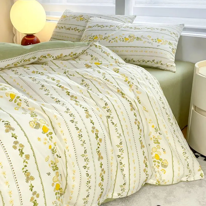 STORESDE Green Floral Bedding Set Ins Fashion Twin Full Queen Size Duvet Cover No Filler Flat Sheet Pillowcase Girl Home Totel Bed Linens
