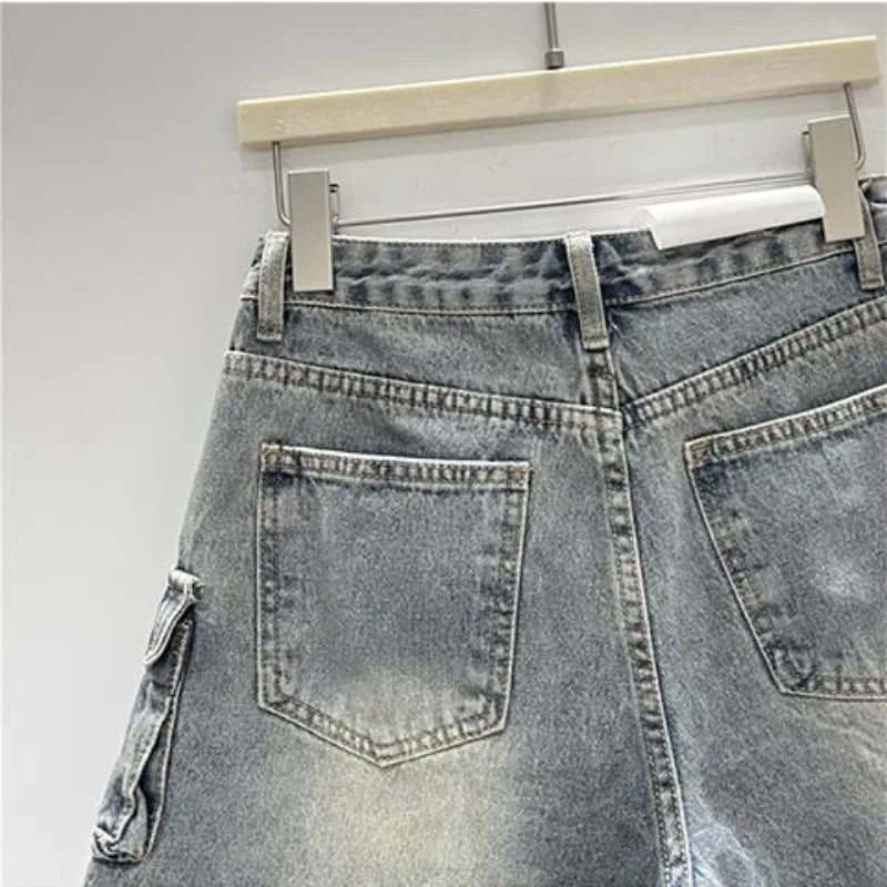 STORESDE Streetwear American Vintage Heavy Industry Washed Holes and Burrs Denim Shorts Y2 Gothic Old Multi-pocket Casual Joker Pants
