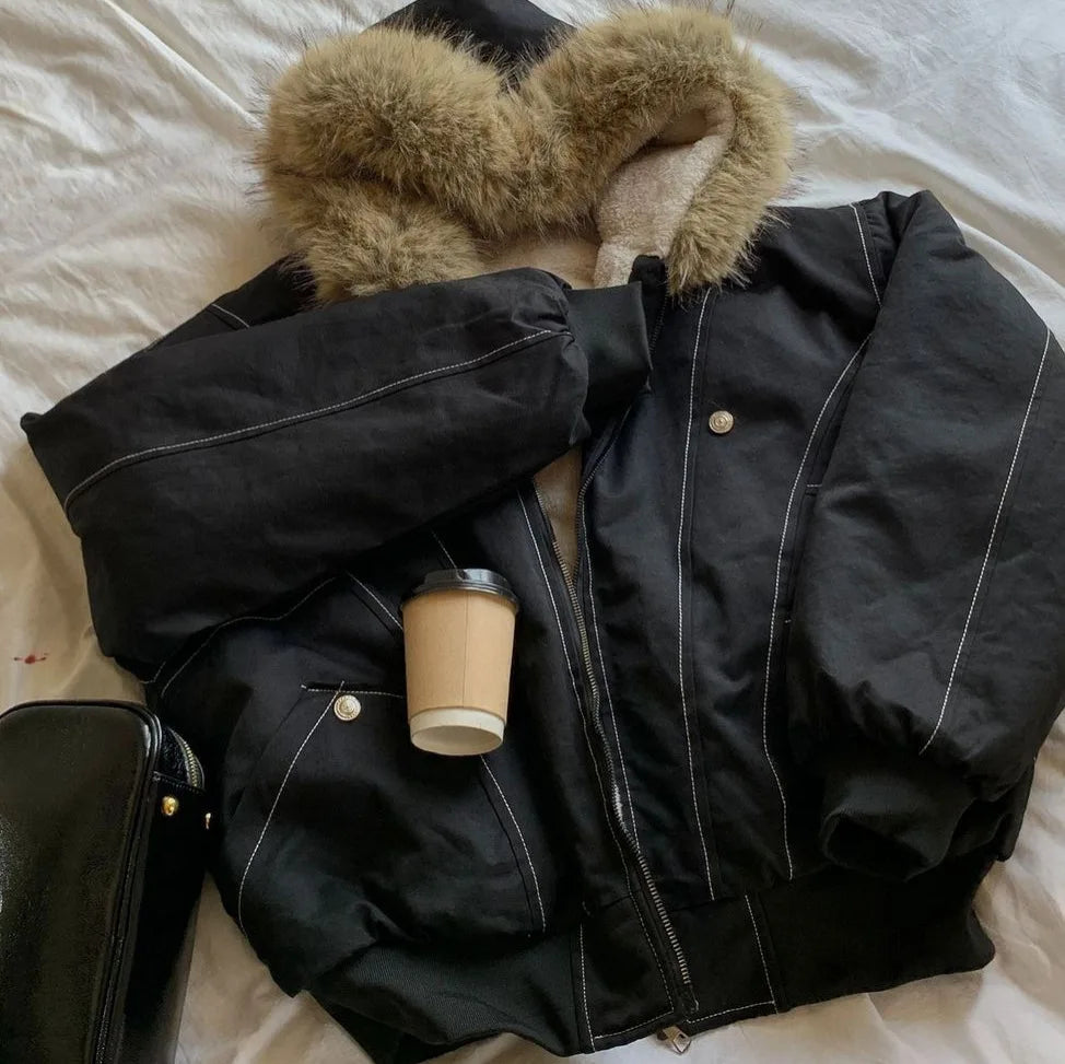 STORESDE Autumn Winter Cotton Padded Jacket Women Outerwear Thick Warm Oversize Short Coat Female Hooded Long Sleeve Fur Collar Parkas
