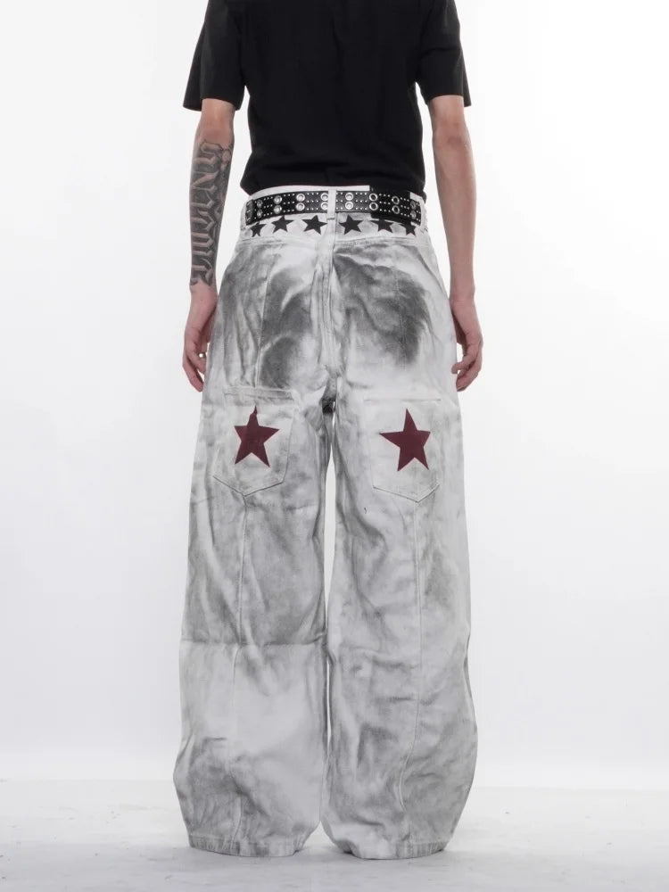 STORESDE 2026 American Retro Y2K Style Dirty Washed White Baggy Jeans Pants For Men Clothing Star Printed Straight Cotton Long Trousers