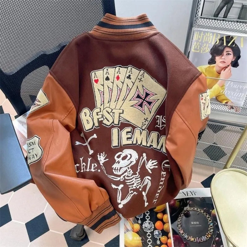 STORESDE American New Retro Letter Flocking Splicing Jacket Female Y2K High Street Fashion Hip-hop Loose Tooling Baseball Uniform Jacket