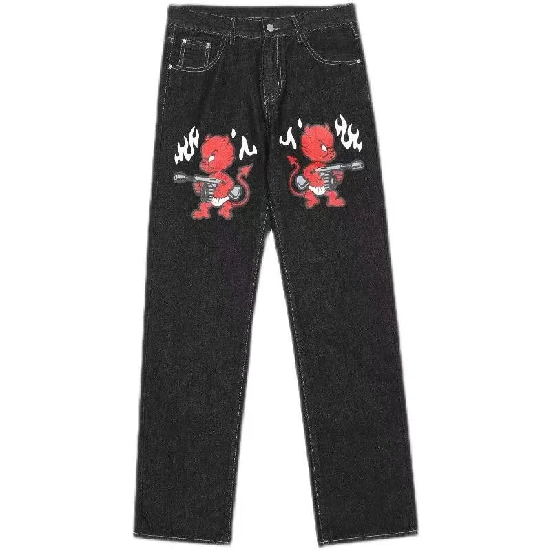 STORESDE Men Women Cherry Blossom Knight All Embroidery Denim Pants Y2k Vintage Baggy Street Straight Jeans High Waisted Washed Blue Jean