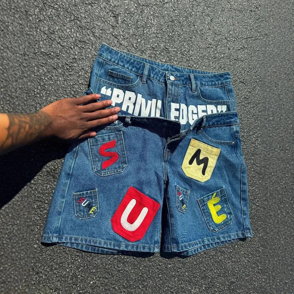 STORESDE American style hip-hop letter splicing denim shorts millennium retro personality fashion fake two-piece gothic rock