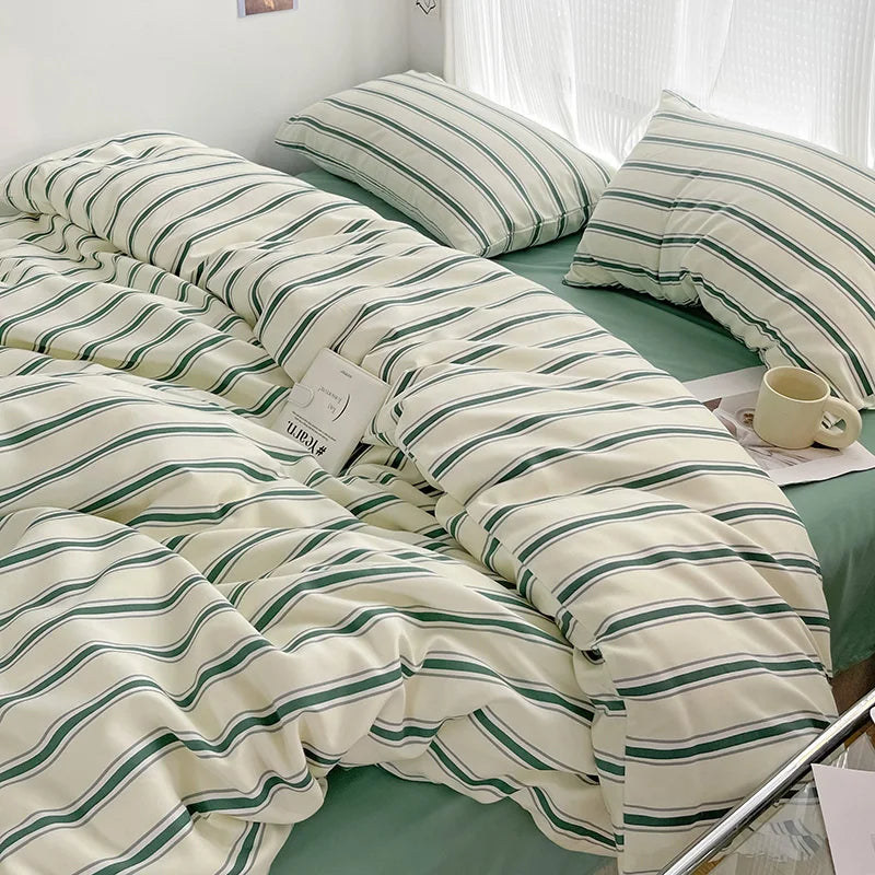 STORESDE Simple Red and Blue Striped Duvet Cover and Four Piece Bed Sheet Set with Washed Cotton Bedding on the Bed