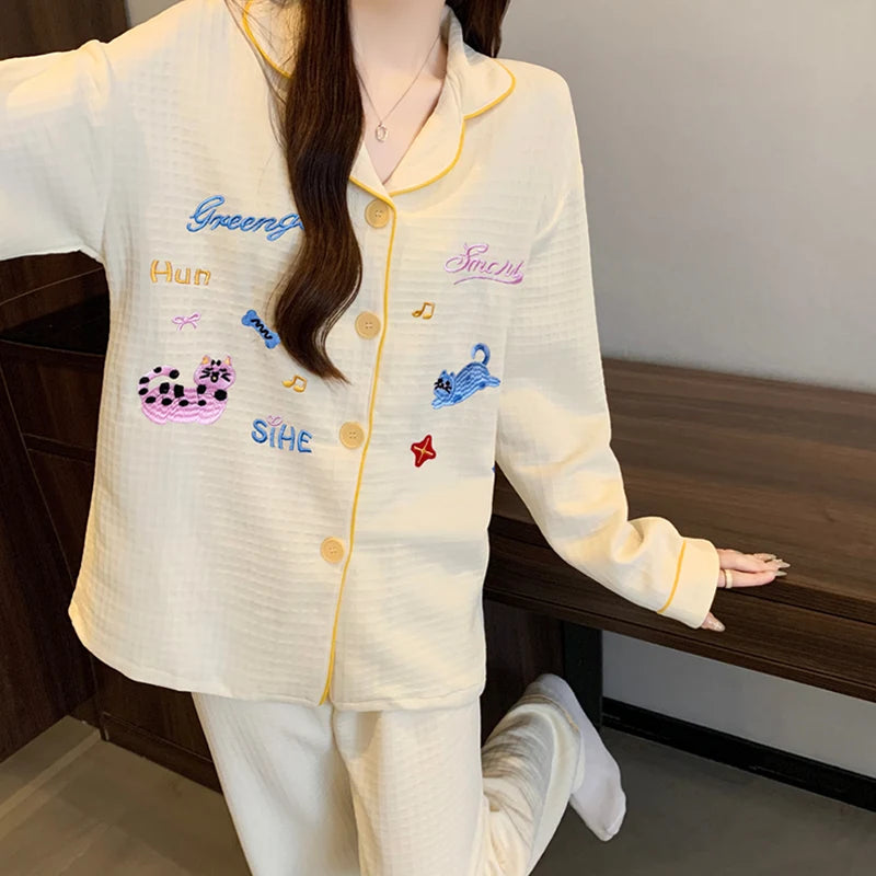 STORESDE Embroidery Letter Cute Cartoon Women's Pajamas Fashion Warm Autumn Winter New Sleepwear Sweet Kawaii Lapel Neck Pajama Sets