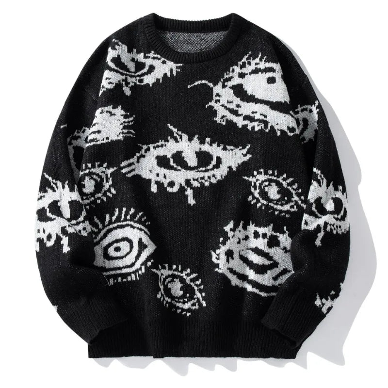 STORESDE American New Fashion Round Neck Long-sleeved Loose Sweater Sweater Jacquard Eye Pattern Hip Hop Popular Casual Couple Pullover