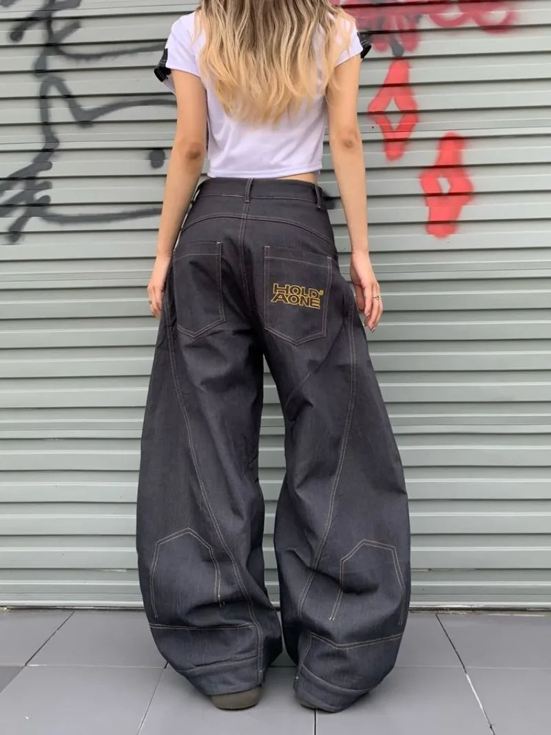 STORESDE American New Fashion Letter Embroidery Stitching Old Baggy Jeans Women Y2K Harajuku  Popular High Waist Wide Leg Trousers