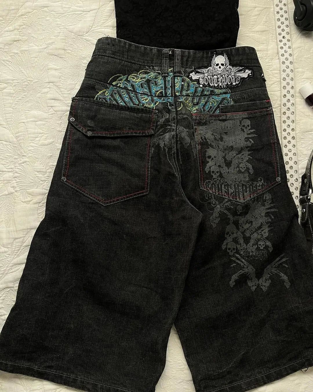 STORESDE Summer Black Skull Pattern Print Retro Men's Denim Shorts Y2K Street Jeans Sports Pants Commuting Casual Men's Wear