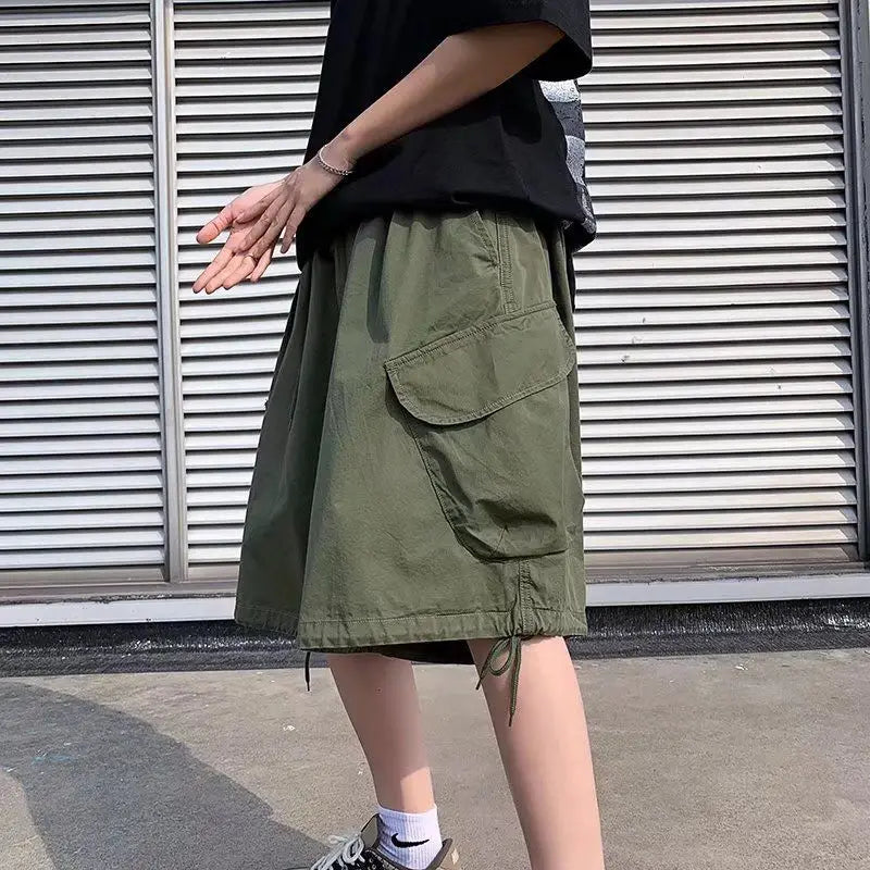 STORESDE Khaki 7-point Men Summer Thin Japanese Workwear Wide-leg Loose Over-knee Shorts
