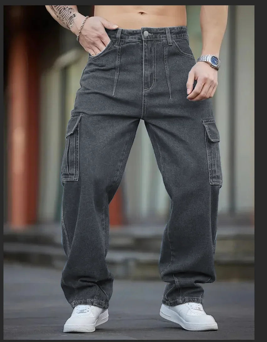STORESDE Men's Deep Blue Washed Denim Workwear Jeans Casual Multiple Pockets Design Loose Wide Leg Trousers Y2K Style Cargo Pants