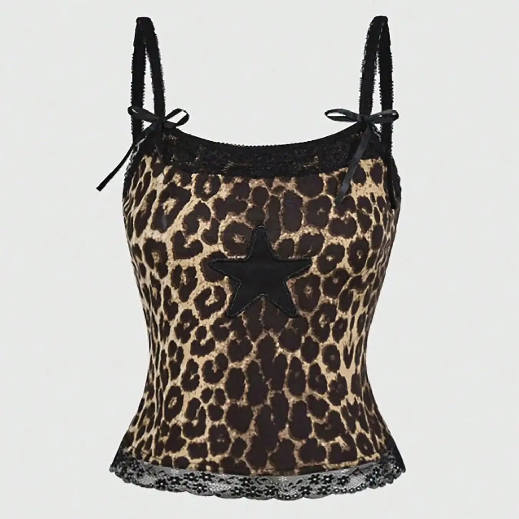 STORESDE Ladies Leopard Print Halter Top Sexy Casual Lace Splice Butterfly Knot Embroidered Star Ladies Tank Top