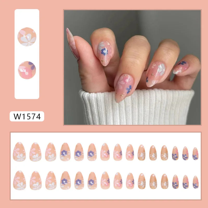 STORESDE 24pcs White Flower Fake Nail Tips Ins Yellow Pink Blush False Nails Wearable Full Cover European Almond Shaped Press on Nails