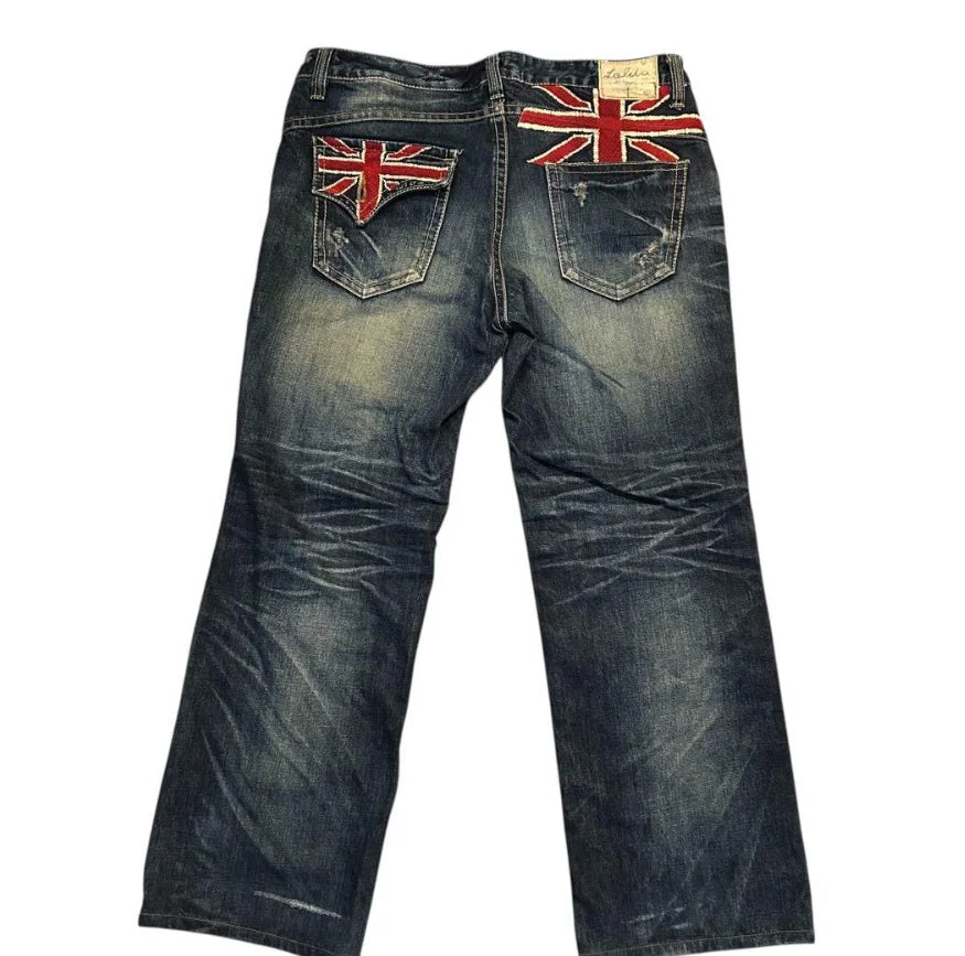 STORESDE Y2K Vintage British Embroidered Denim Washed Blue Denim Mid Stretch Straight Wide Leg Jeans High Street Hip Hop Work Pants