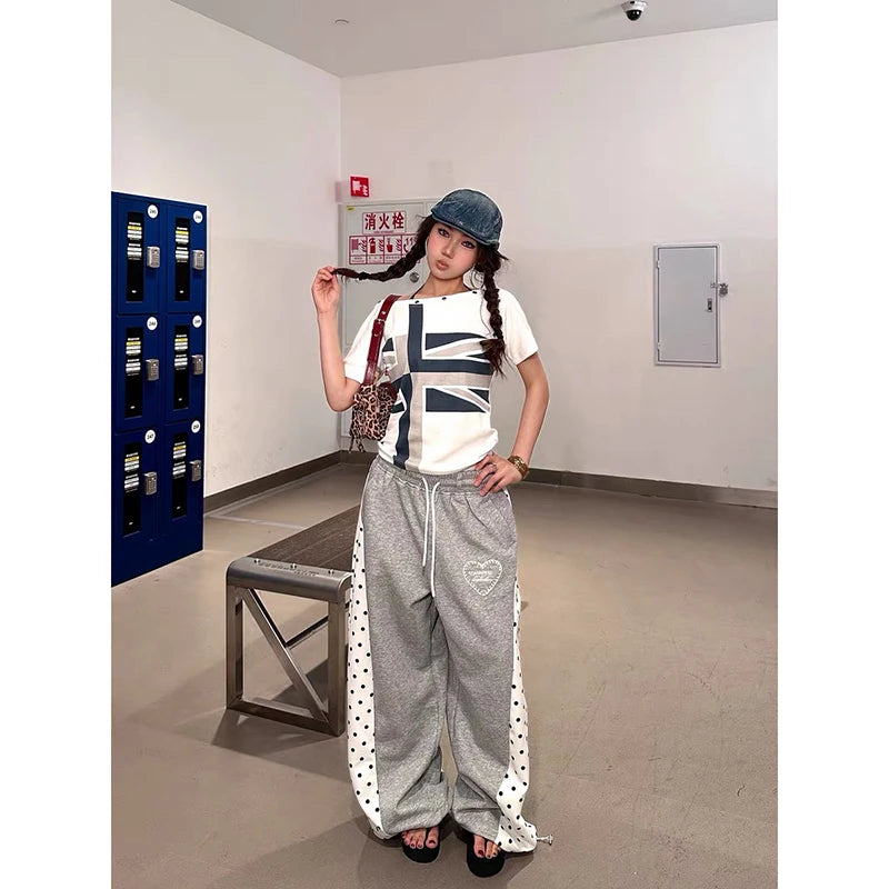 STORESDE YIBASHU Women Gray Baggy Wide Leg Sweatpants Oversize Dot Splice Pants Harajuku Japanese 2000s Style Vintage Y2k Dance Trouser