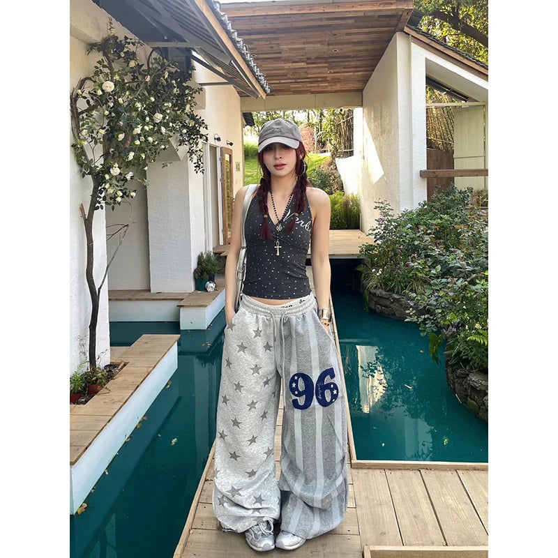 STORESDE YIBASHU Women Gray Star Stamp Baggy Wide Leg Sweatpants American Embroidery Pants Harajuku 2000s Style Vintage Y2k Dance Trouse